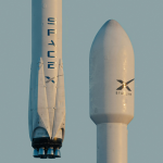 These are two white satellites in a blue sky.